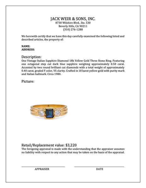 Vintage Italian Sapphire Diamond 18k Yellow Gold Three Stone Ring Rings Jack Weir & Sons   
