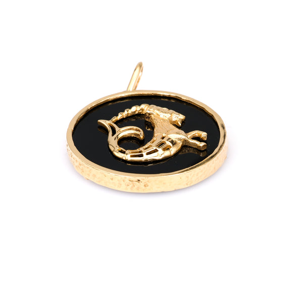 Vintage Onyx 14k Yellow Gold Capricorn Zodiac Pendant