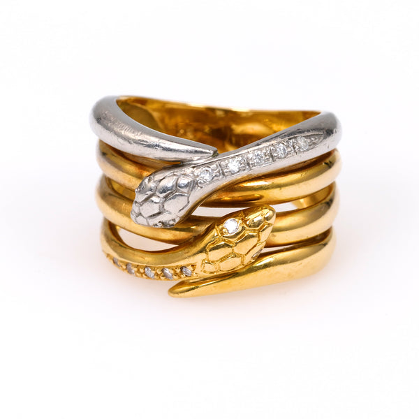 Vintage Diamond 18k Yellow Gold Platinum Wrapped Snake Ring