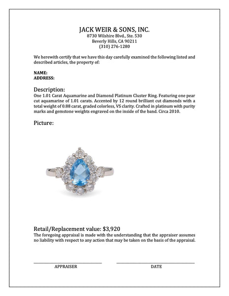 1.01 Carat Aquamarine and Diamond Platinum Cluster Ring Rings Jack Weir & Sons   