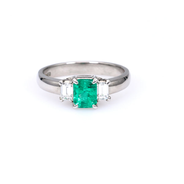 Vintage 0.69 Carat Emerald and Diamond Platinum Three Stone Ring