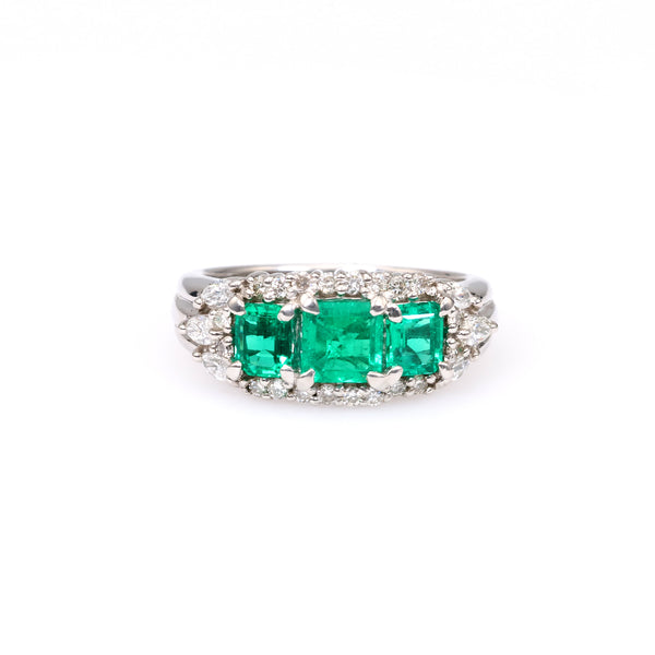 Vintage Emerald Diamond Three Stone Platinum Ring