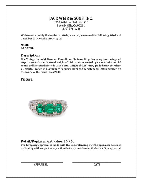Vintage Emerald Diamond Three Stone Platinum Ring Rings Jack Weir & Sons   