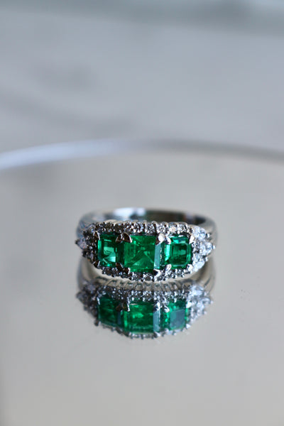 Vintage Emerald Diamond Three Stone Platinum Ring Rings Jack Weir & Sons   