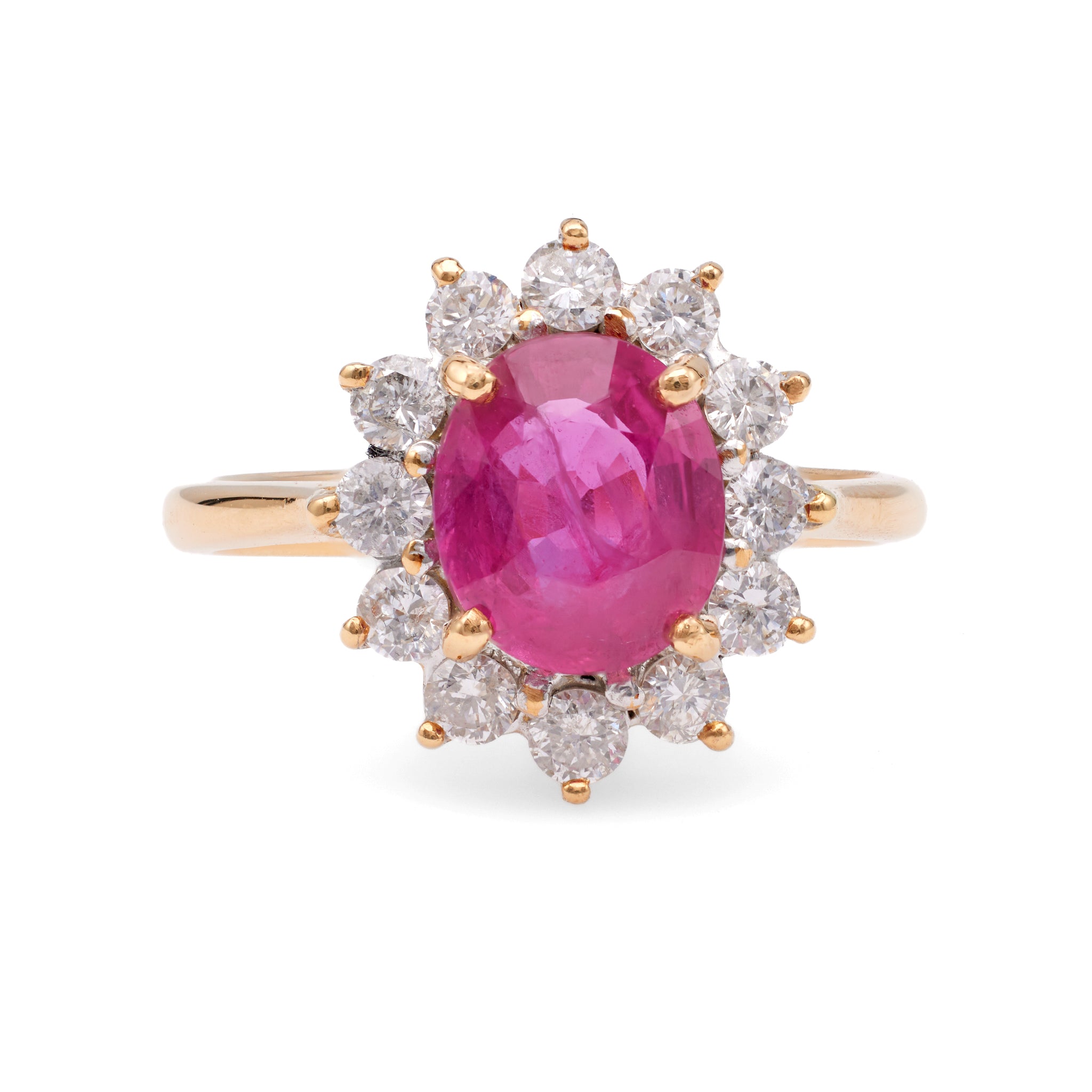 2.04 Carat Ruby and Diamond 18k Yellow Gold Cluster Ring Rings Jack Weir & Sons   