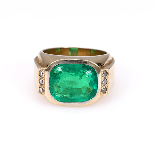 Retro French GIA Colombian Emerald 18k Yellow Gold Ring