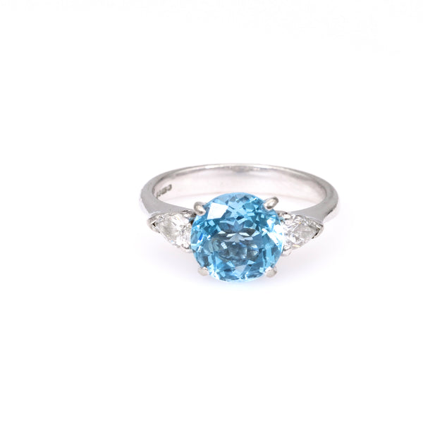 Vintage English Aquamarine Diamond 18k White Gold Ring