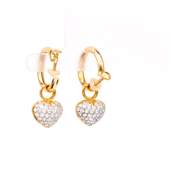 Pair of Vintage Diamond 18k Yellow Gold Heart Drop Earrings