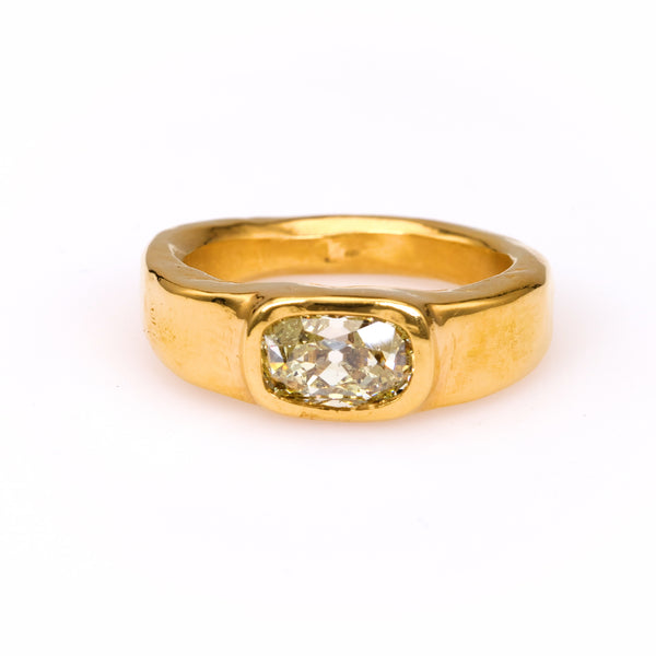 1.50 Carat Fancy Light Brownish Yellow Old Mine Cut Diamond 22k Yellow Gold Ring