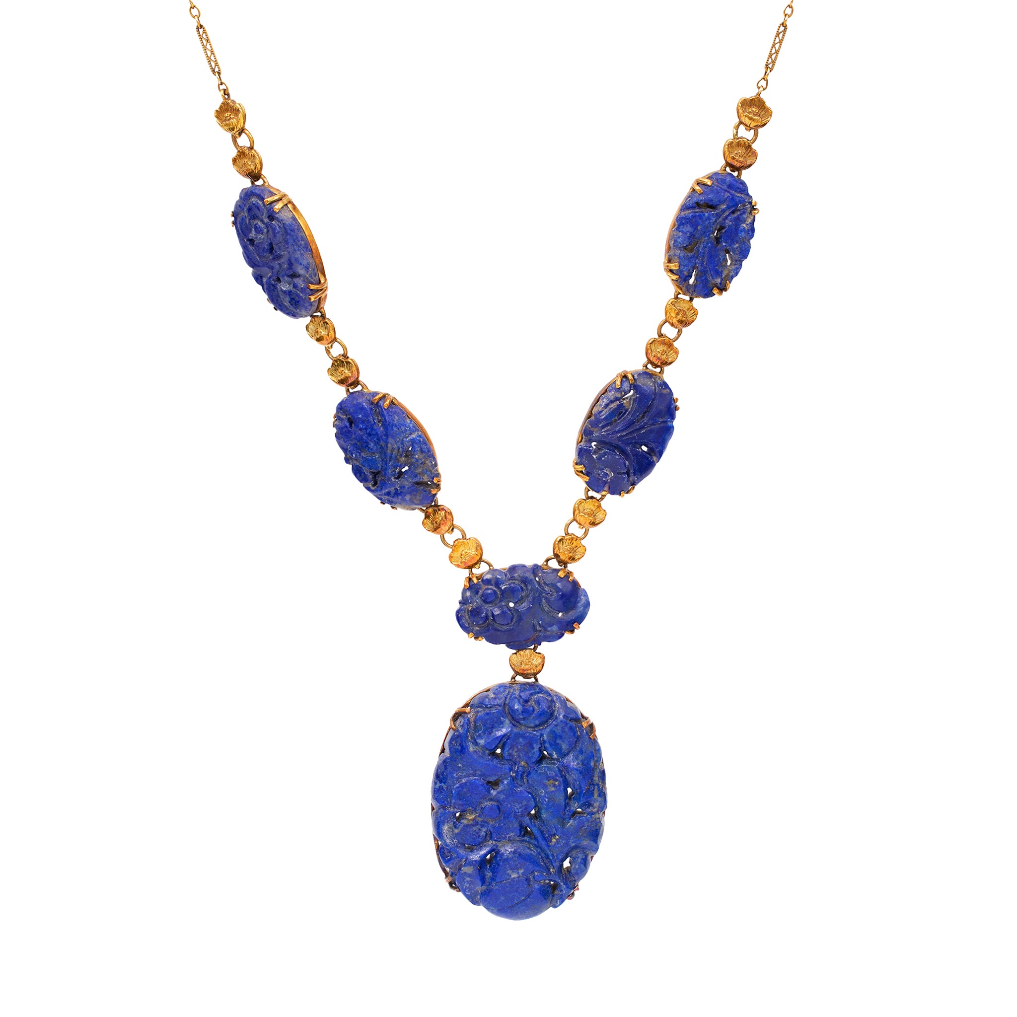 Art Deco Carved Lapis Lazuli 14k Yellow Gold Necklace Necklaces Jack Weir & Sons   