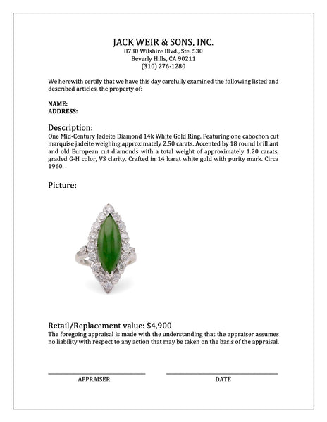 Mid-Century Jadeite Diamond 14k White Gold Navette Ring Rings Jack Weir & Sons   