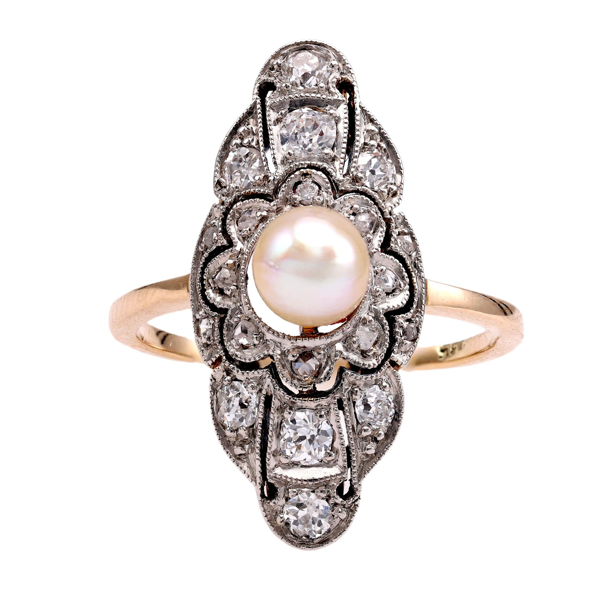 Pearl and Diamond Navette Ring Rings Jack Weir & Sons   