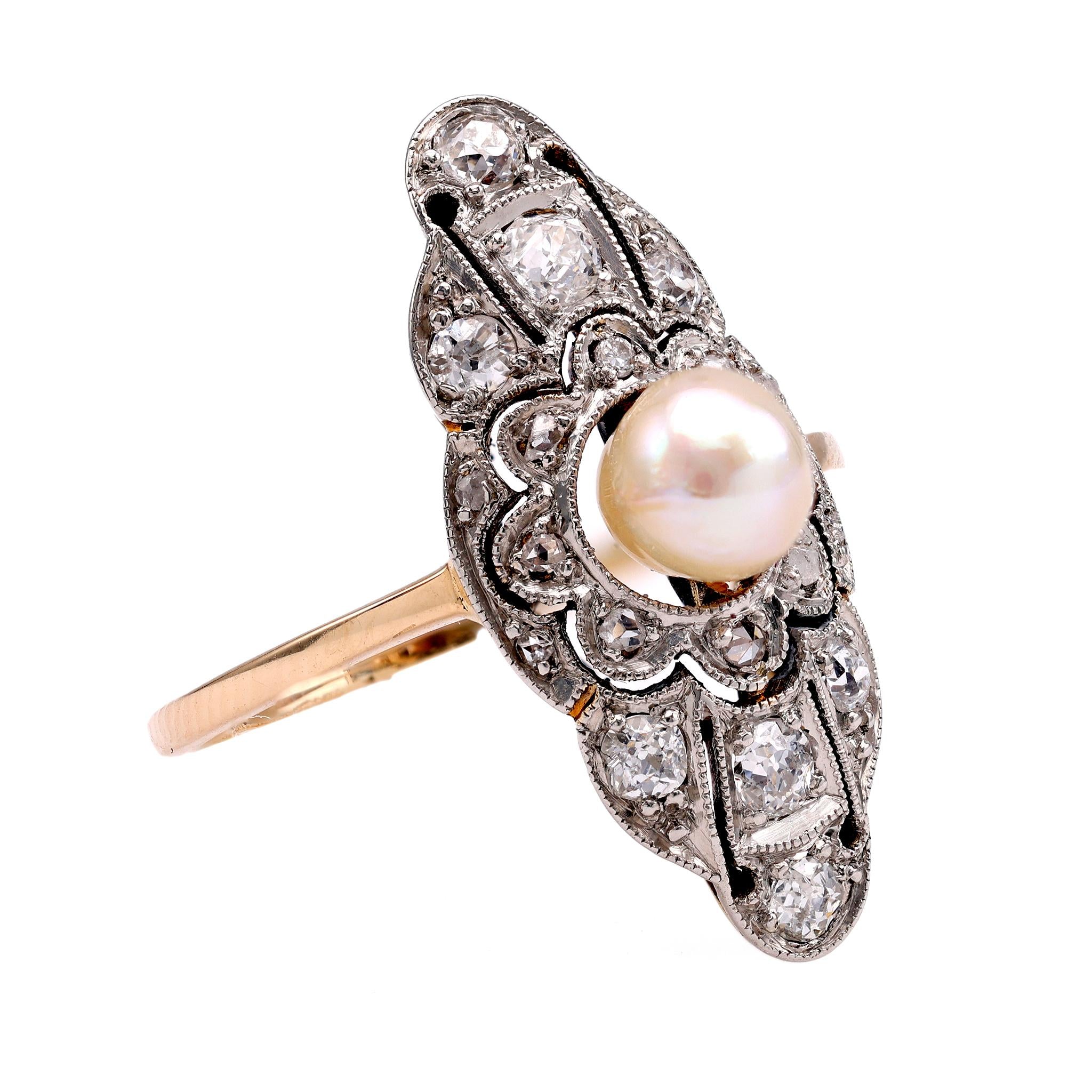 Pearl and Diamond Navette Ring Rings Jack Weir & Sons   