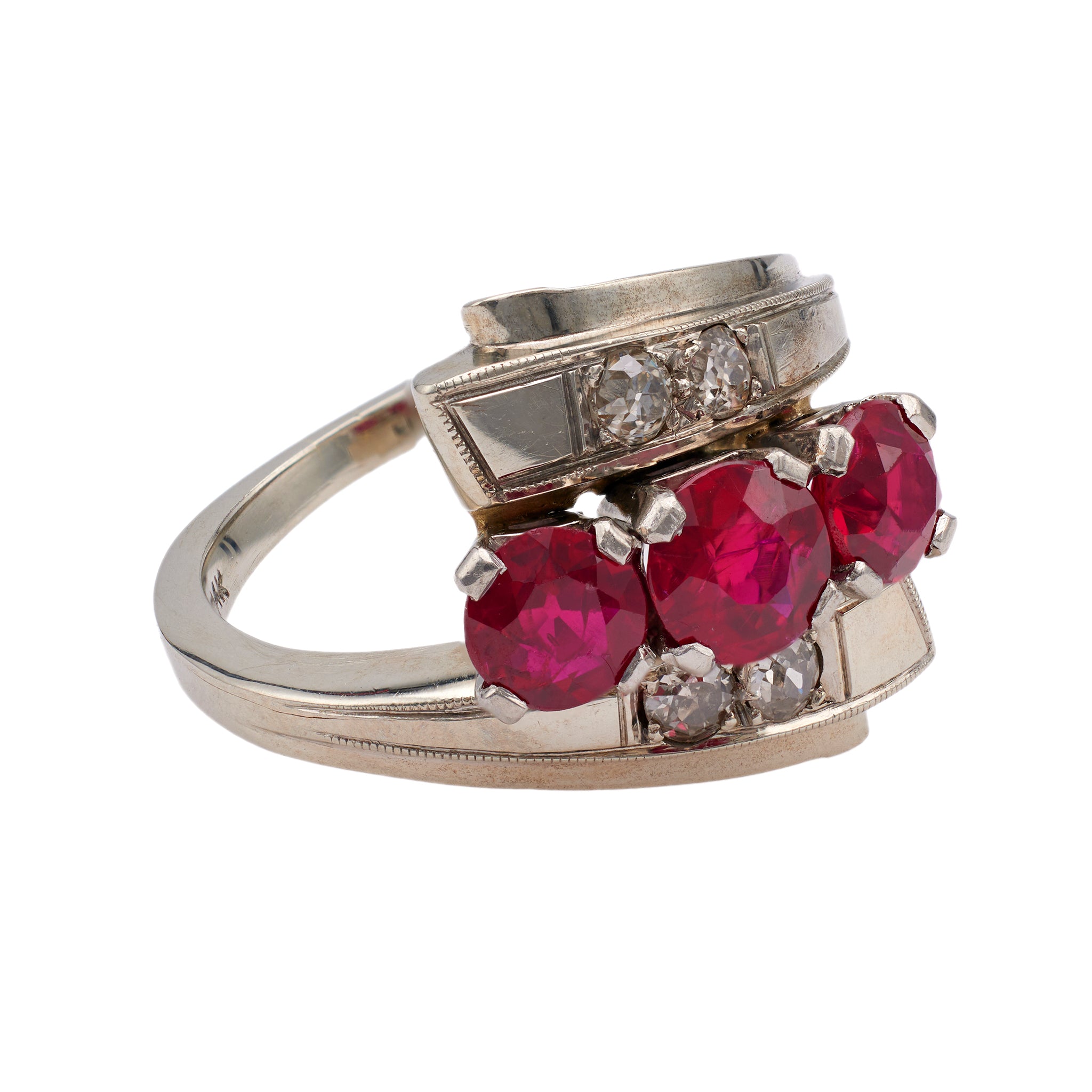 Late Art Deco Synthetic Ruby and Diamond 14 Karat White Gold Bypass Ring Rings Jack Weir & Sons   