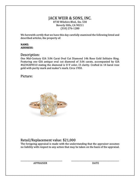 Mid-Century GIA 3.06 Carat Oval Cut Diamond 14k Rose Gold Solitaire Ring Rings Jack Weir & Sons   