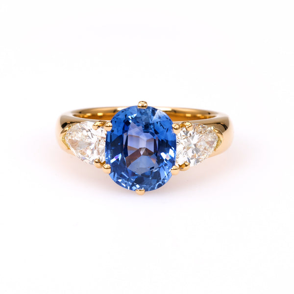 Vintage French GIA 4.42 Carat Ceylon No Heat Sapphire Diamond 18k Yellow Gold Ring