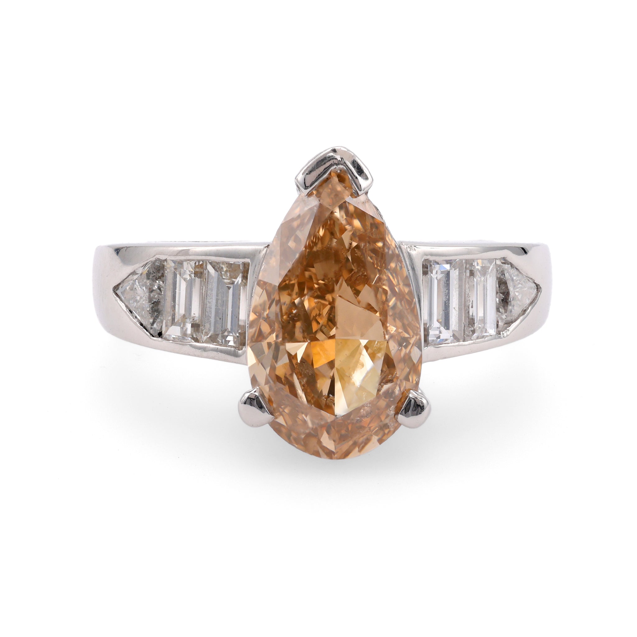 Vintage GIA 2.72 Carat Fancy Brown-Yellow Pear Cut Diamond Platinum Ring