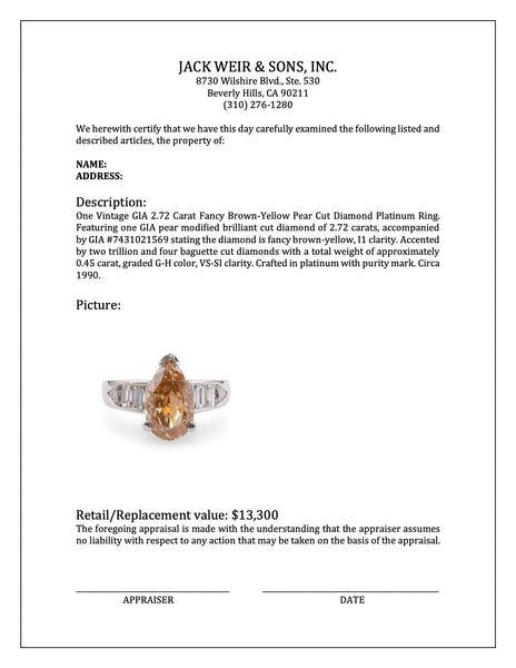 Vintage GIA 2.72 Carat Fancy Brown-Yellow Pear Cut Diamond Platinum Ring Rings Jack Weir & Sons   