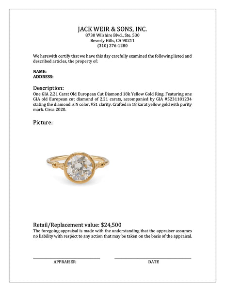 GIA 2.21 Carat Old European Cut Diamond 18k Yellow Gold Ring Rings Jack Weir & Sons   