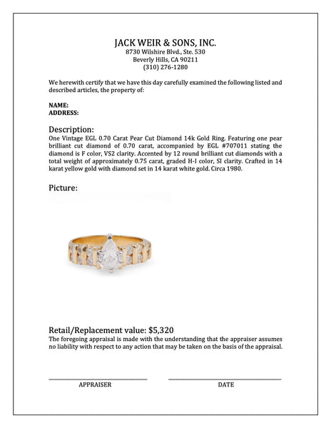 Vintage EGL 0.70 Carat Pear Cut Diamond 14k Gold Ring Rings Jack Weir & Sons   