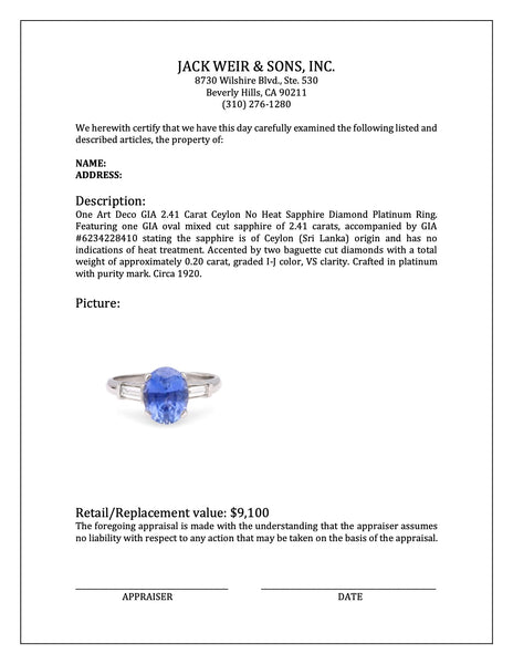 Art Deco GIA 2.41 Carat Ceylon No Heat Sapphire Diamond Platinum Ring Rings Jack Weir & Sons   