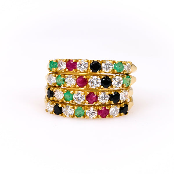 Vintage Diamond Emerald Onyx Ruby 18k Yellow Gold Ring