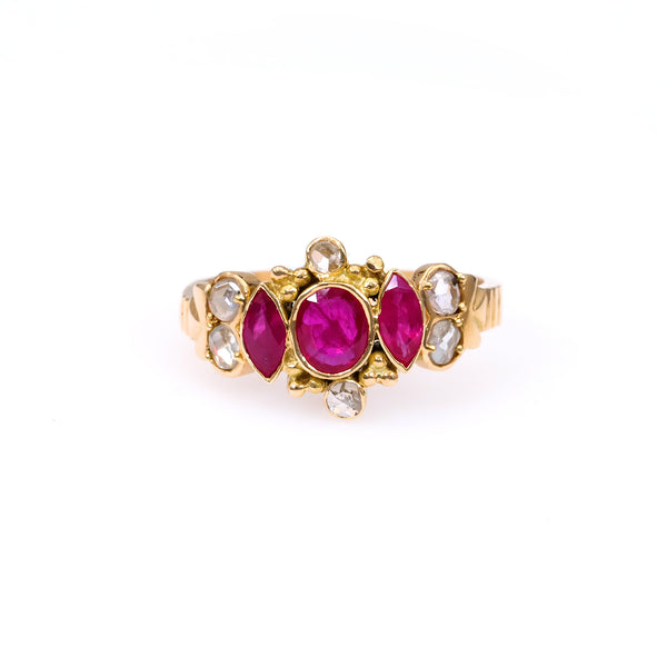 Victorian Ruby Diamond 18k Yellow Gold Ring