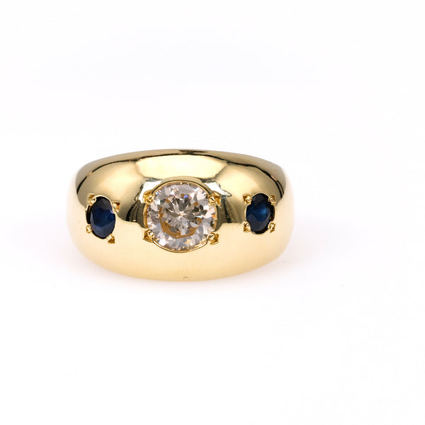 Vintage Diamond Sapphire 14k Yellow Gold Three Stone Ring