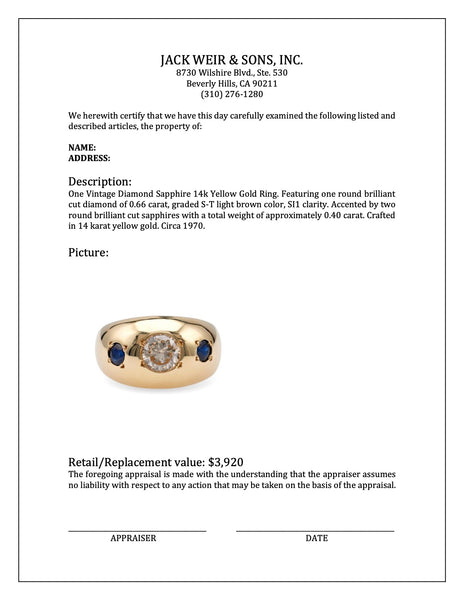 Vintage Diamond Sapphire 14k Yellow Gold Three Stone Ring Rings Jack Weir & Sons   