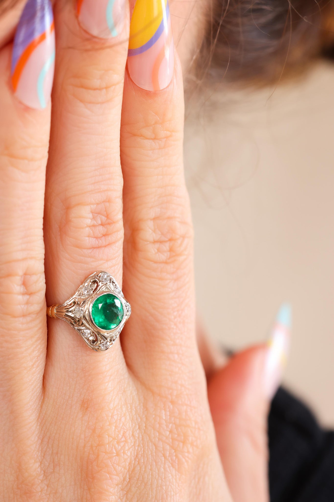 Emerald and Diamond Navette Ring