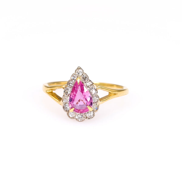 Vintage Pink Sapphire Diamond 18k Yellow Gold Ring