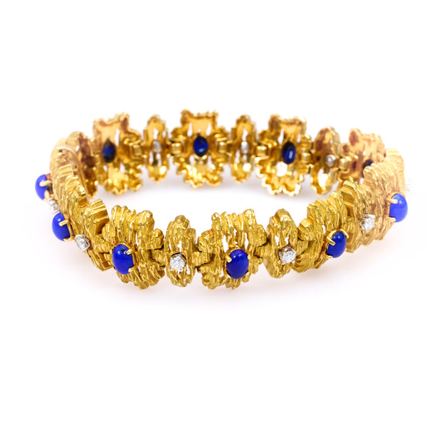 Vintage Diamond and Lapis Lazuli 18k Yellow Gold Modernist Link Bracelet