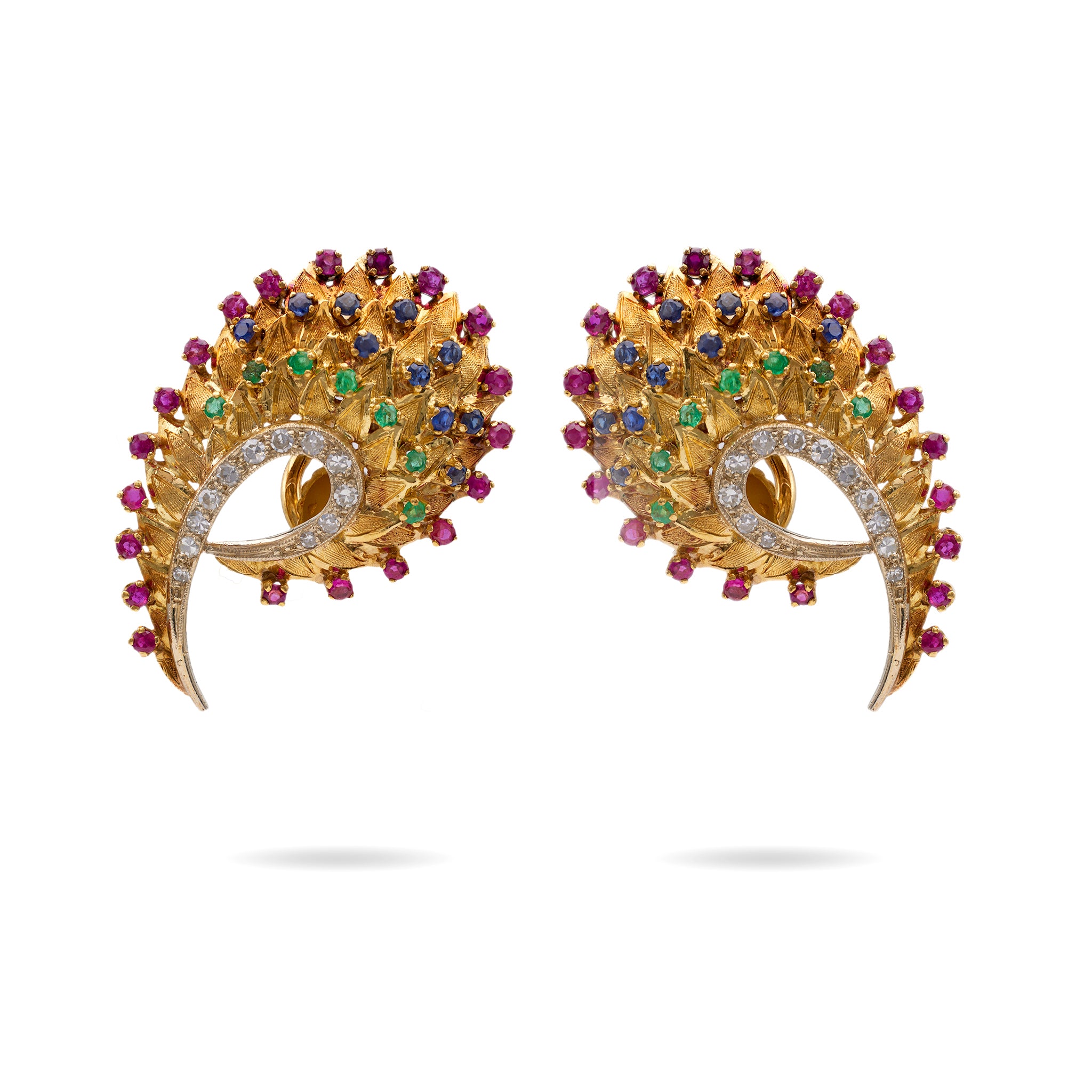 Pair of Mid-Century Italian Diamond Gemstone 18k Yellow Gold Earrings Earrings Jack Weir & Sons   