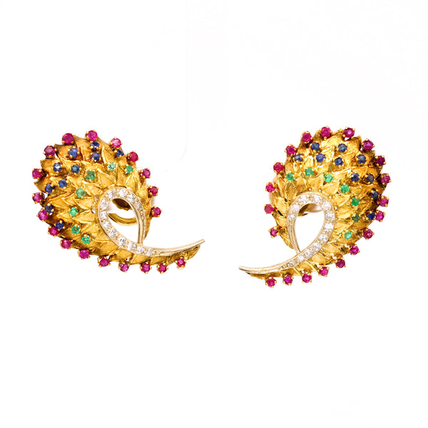 Pair of Mid-Century Italian Diamond Gemstone 18k Yellow Gold Earrings