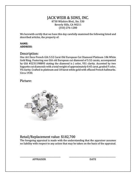 Art Deco French GIA 5.52 Carat Old European Cut Diamond Platinum 18k White Gold Ring Rings Jack Weir & Sons   