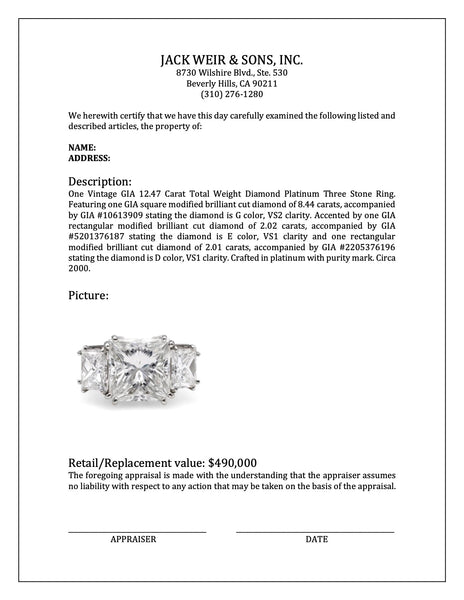 Vintage GIA 12.47 Carat Total Weight Diamond Platinum Three Stone Ring Rings Jack Weir & Sons   
