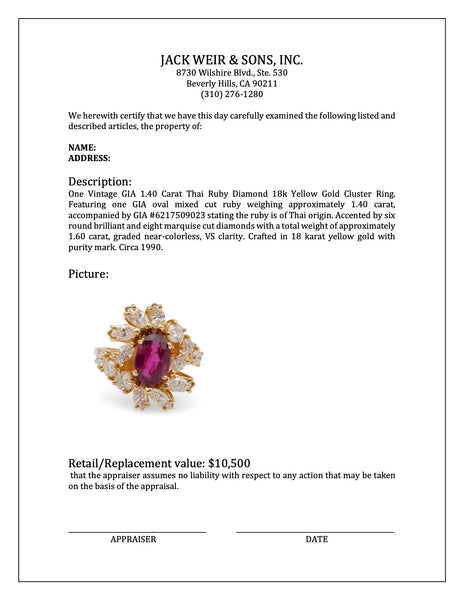 Vintage GIA 1.40 Carat Thai Ruby Diamond 18k Yellow Gold Cluster Ring Rings Jack Weir & Sons   