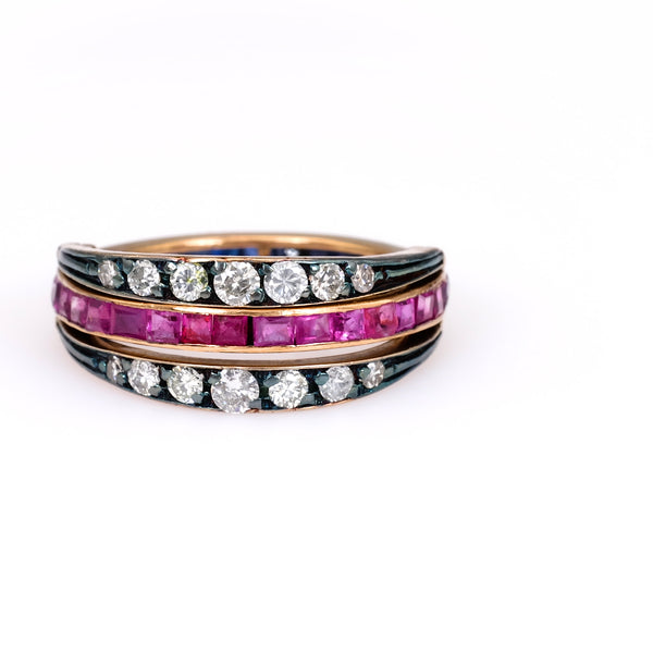 Art Deco Sapphire Ruby and Diamond 18k Yellow Gold Silver Flip Ring