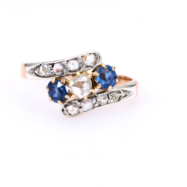 Edwardian Diamond Sapphire 18k Rose Gold Silver Bypass Ring