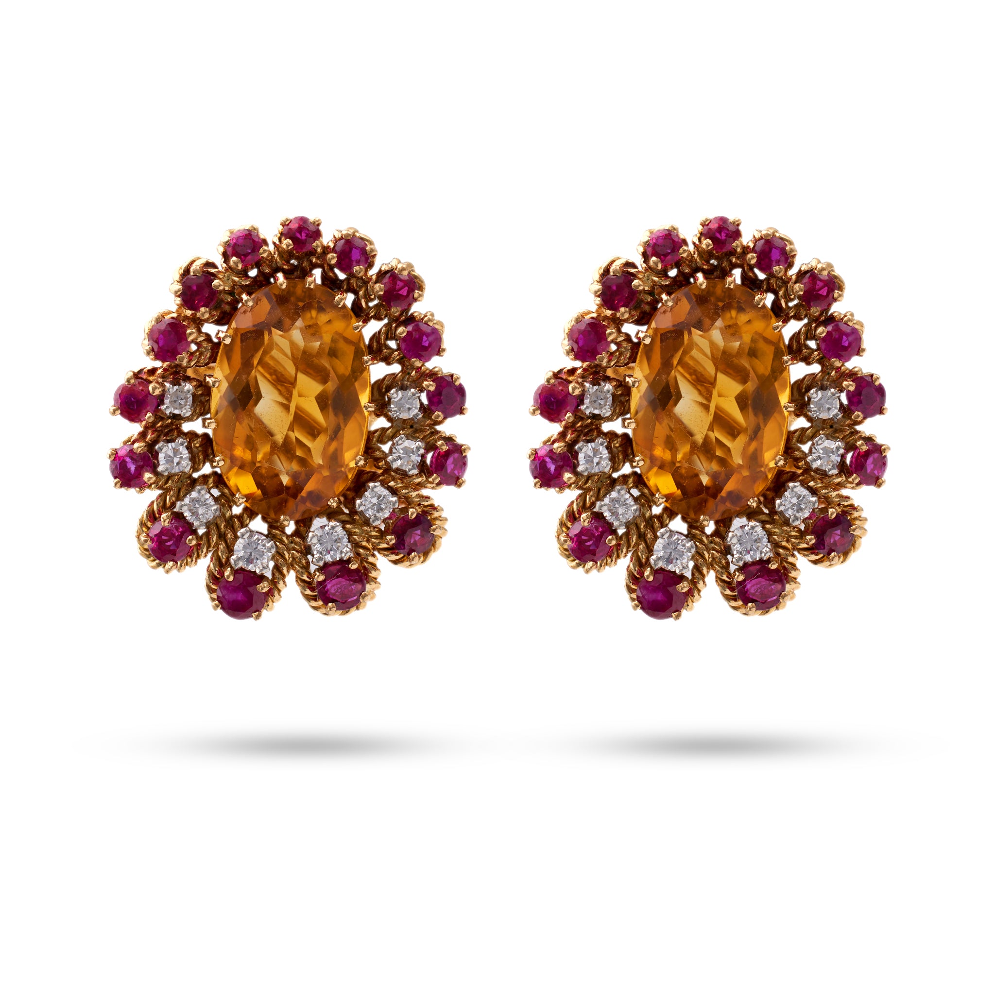 Pair of Mid-Century French Citrine Ruby Diamond 18k Yellow Gold Ear Clip On Earrings Earrings Jack Weir & Sons   
