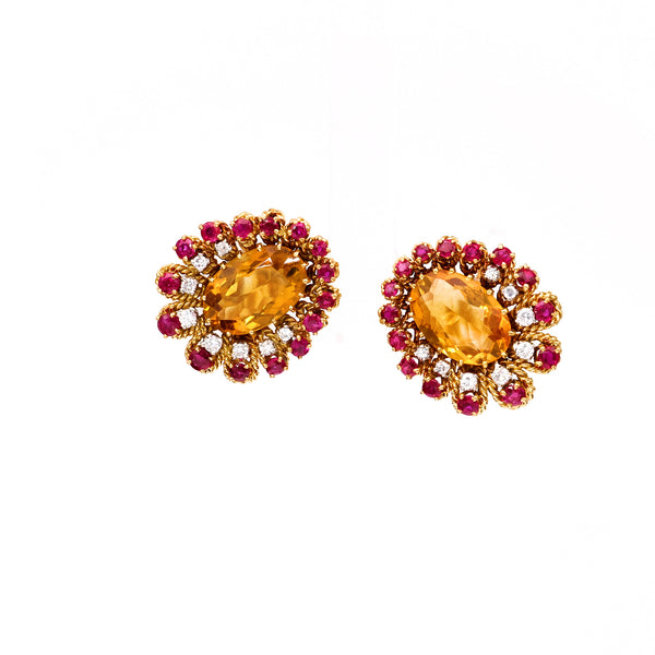 Pair of Mid-Century French Citrine Ruby Diamond 18k Yellow Gold Ear Clip On Earrings