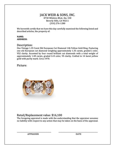 Vintage 1.35 Carat Old European Cut Diamond 14k Yellow Gold Ring  Jack Weir & Sons   