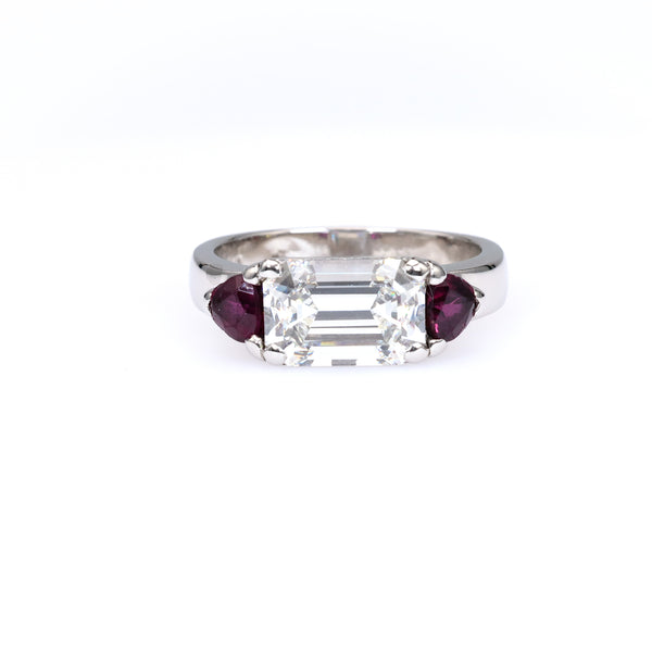 Vintage GIA 2.18 Carat Emerald Cut Diamond Ruby Platinum Ring