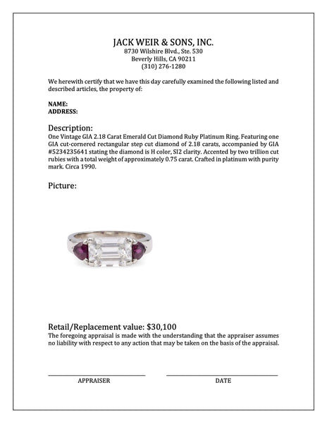 Vintage GIA 2.18 Carat Emerald Cut Diamond Ruby Platinum Ring Rings Jack Weir & Sons   