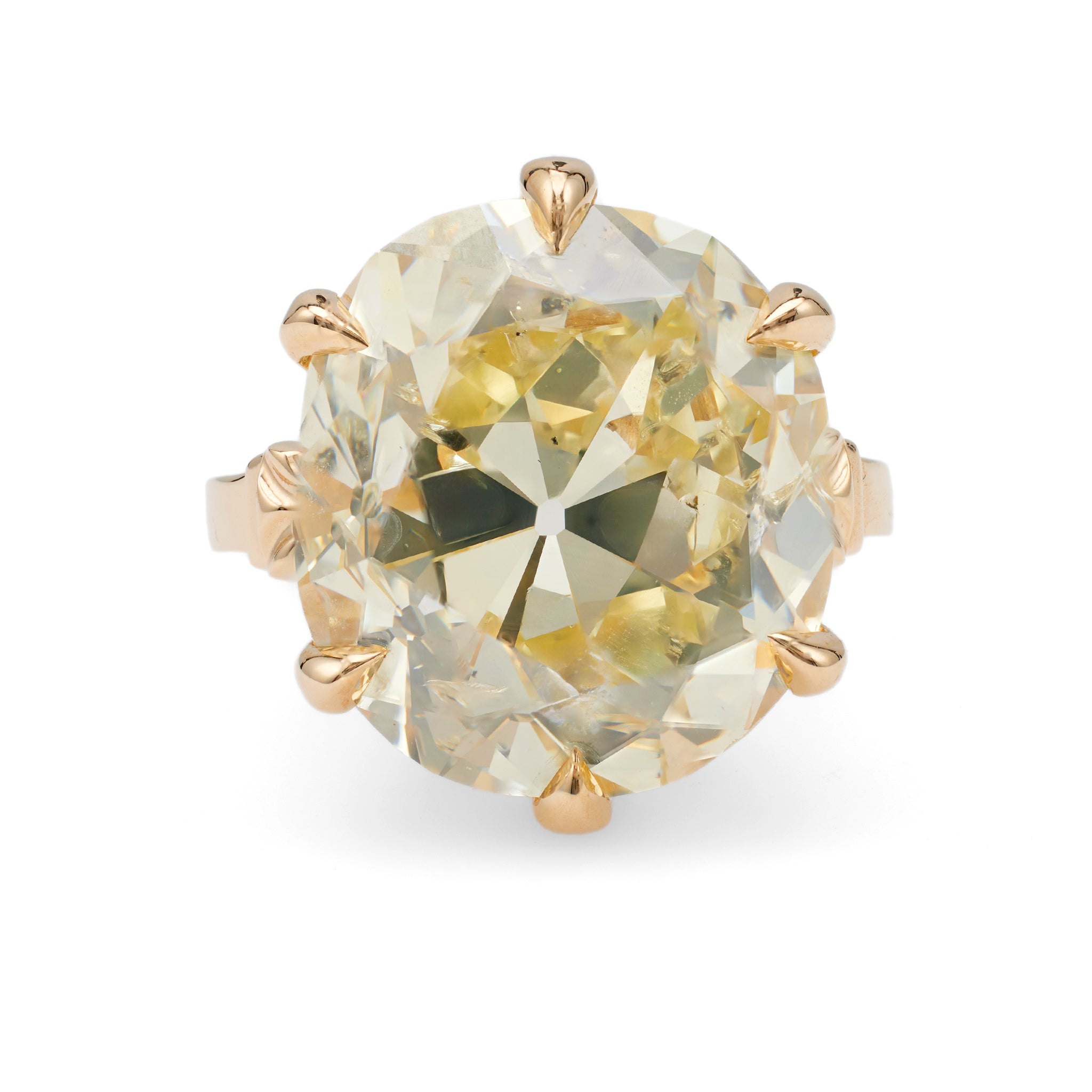 Edwardian GIA 15.77 Carat Old Mine Cut Diamond 14k Yellow Gold Solitaire Ring Rings Jack Weir & Sons   