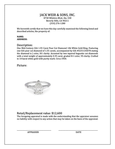 Mid-Century GIA 1.55 Carat Pear Cut Diamond 14k White Gold Ring Rings Jack Weir & Sons   