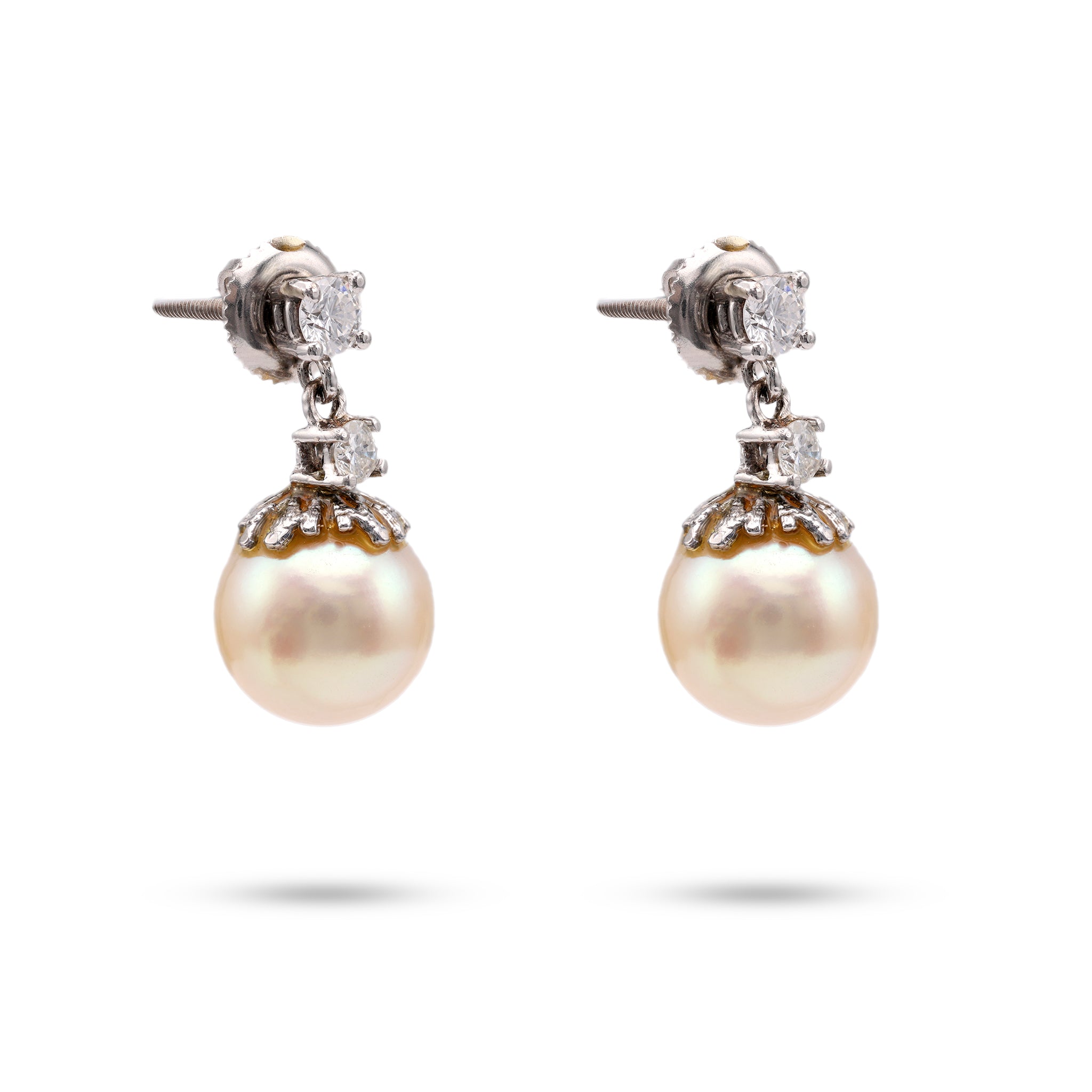 Mid-Century Pearl Diamond 14k White Gold Earrings