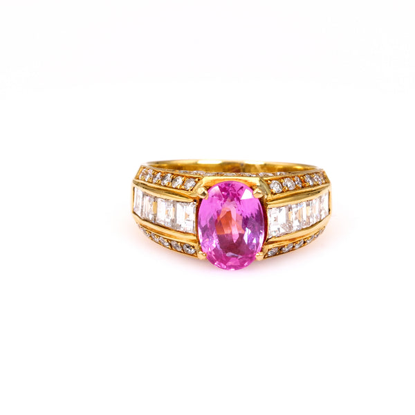 Vintage GIA 1.94 Carat Madagascan Purplish Pink Sapphire Diamond 18k Yellow Gold Ring