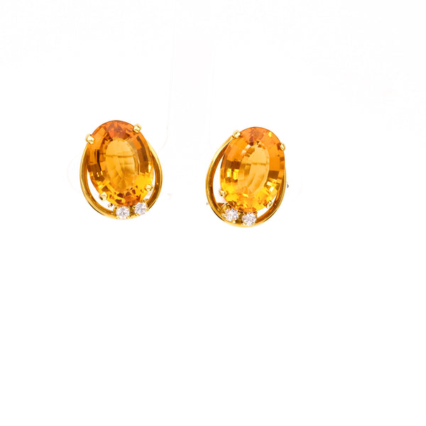 Mid-Century Citrine Diamond 18k Yellow Gold Clip On Earrings