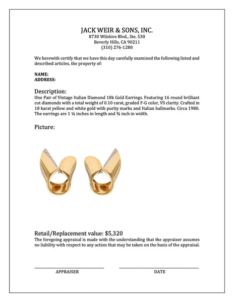 Pair of Vintage Italian Diamond 18k Gold Earrings Earrings Jack Weir & Sons   